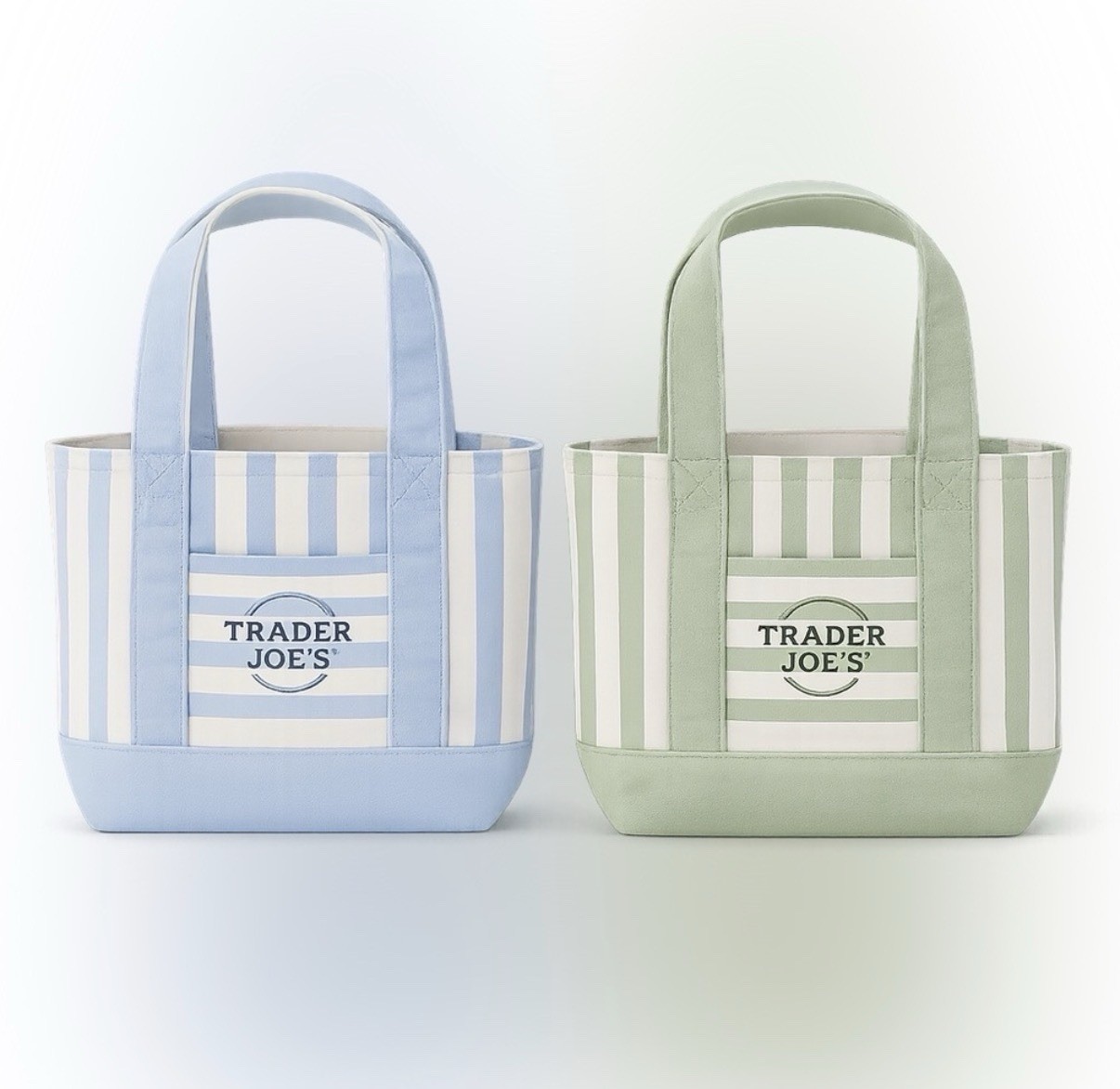 New Trader Joe’s Mini Pastel Stripe Canvas Tote Bag Blue Green Set Of 2 gallery