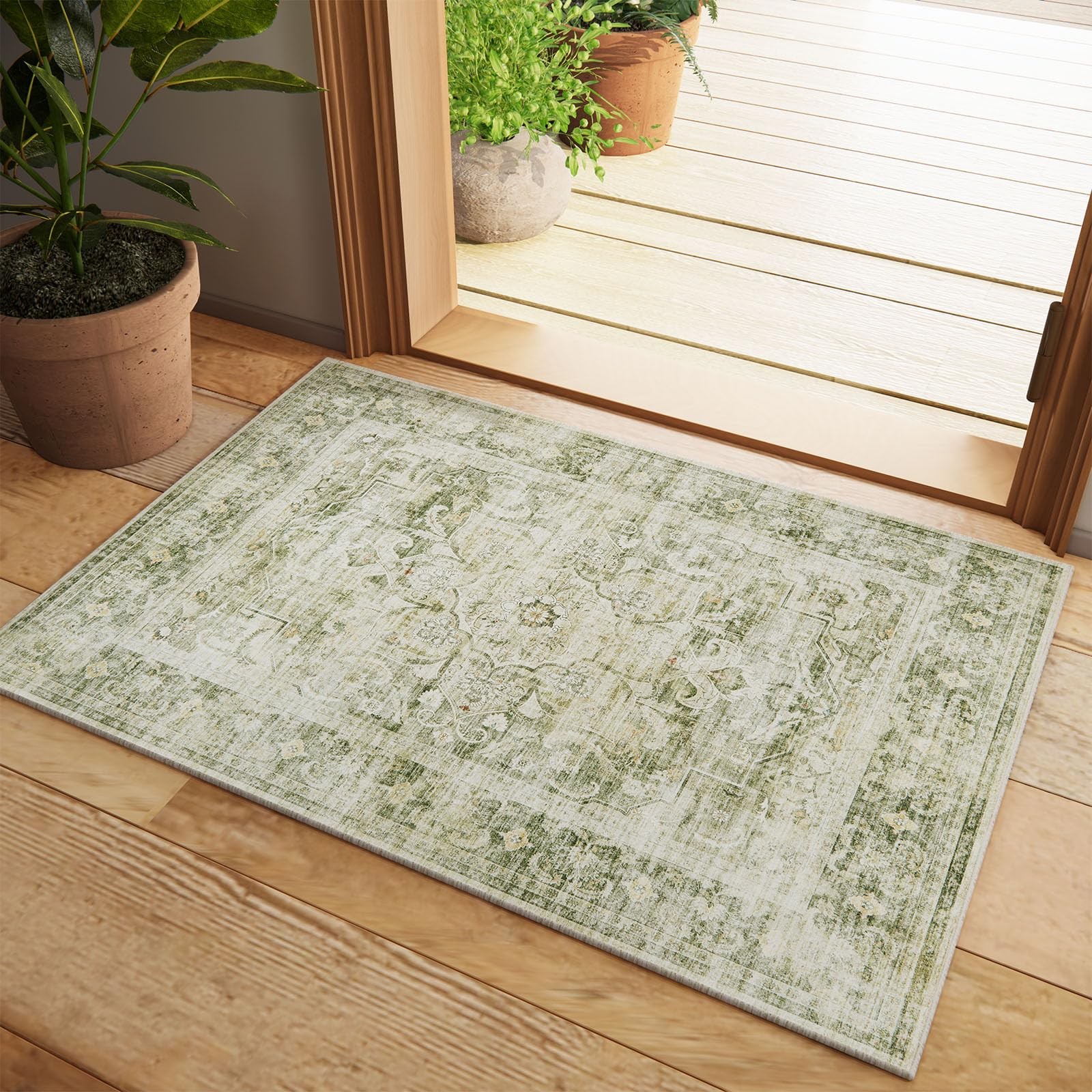 2x3 Washable Area Rugs for Entryway: Small Boho 2' x 3' (Rectangular), Green gallery