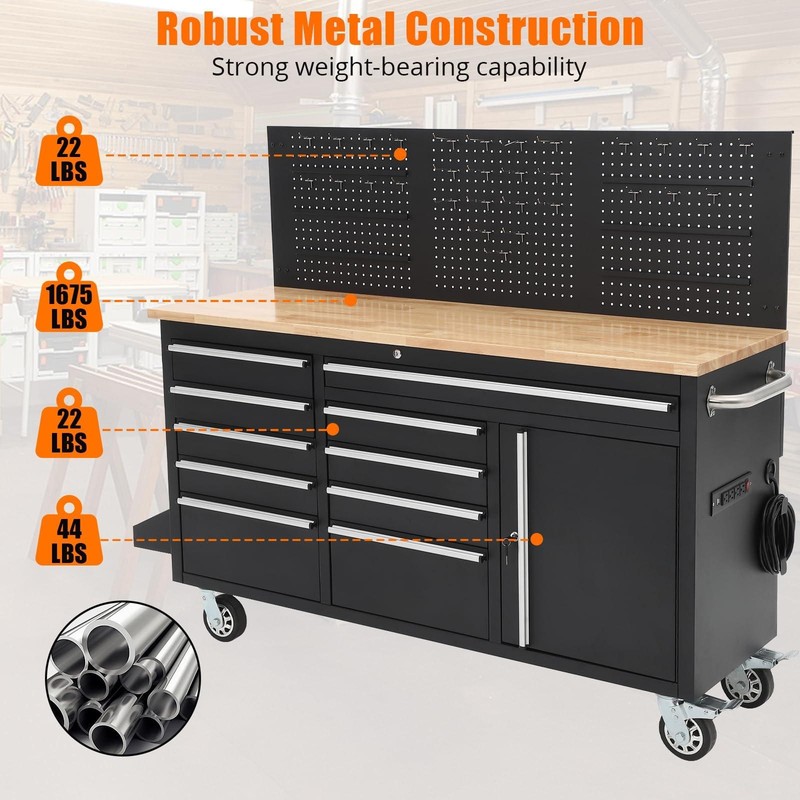 Workbench Rolling Tool Chest Heavy Duty Work Table with 10 Drawers and Pegboard gallery