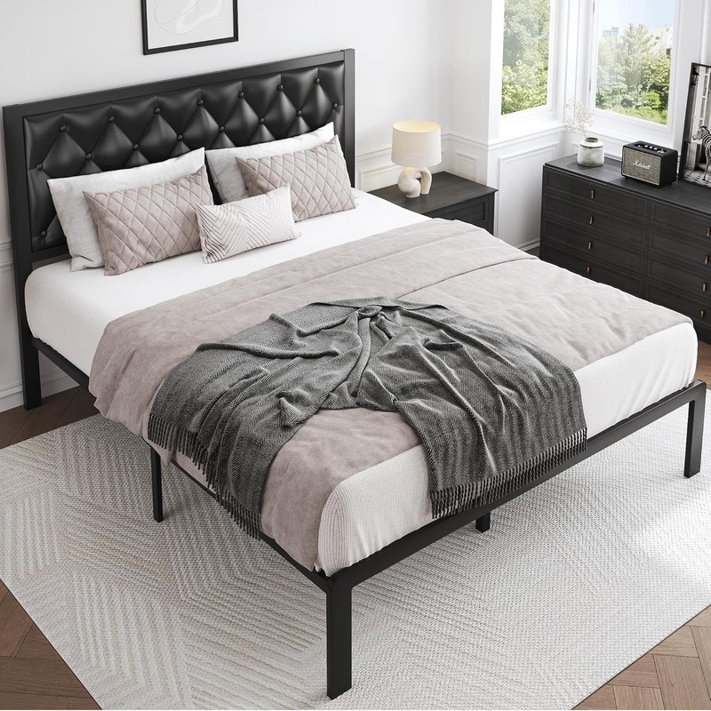 Queen Bed Frame Upholstered Button Tufted Headboard Platform Metal Slats Support gallery
