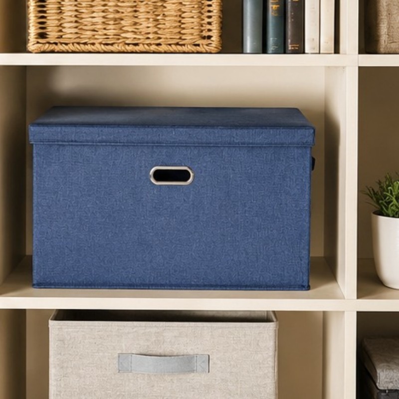 Large Foldable Storage Box with Lid Linen Fabric Closet Organizer Bin Blue 23 in gallery
