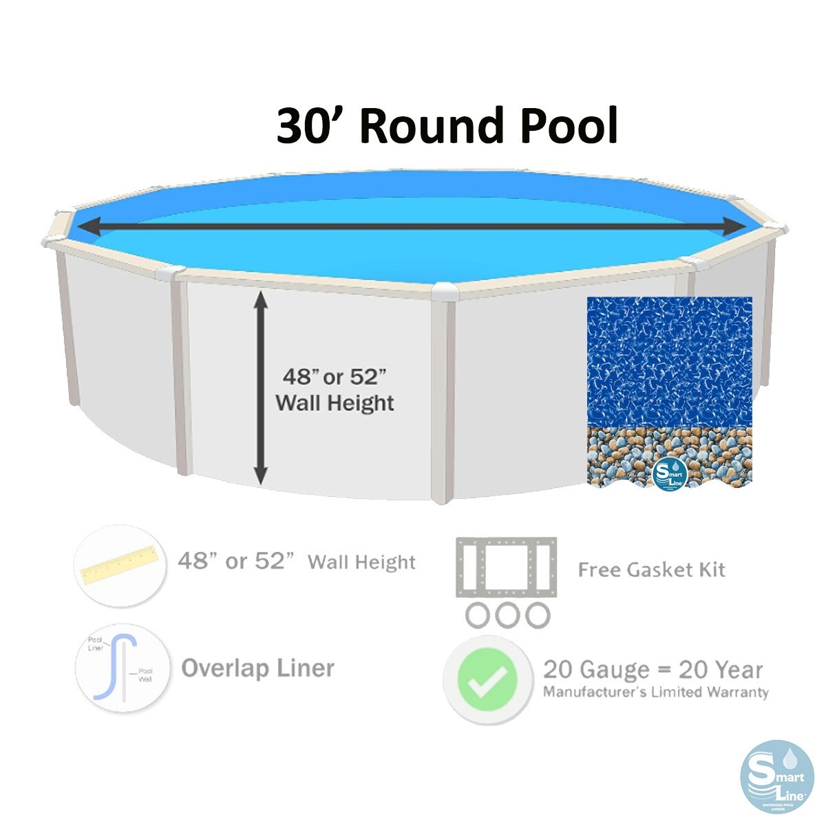 Smartline 30' Round Swimming Pool 20 Gauge Overlap Liner - (Choose Pattern) gallery
