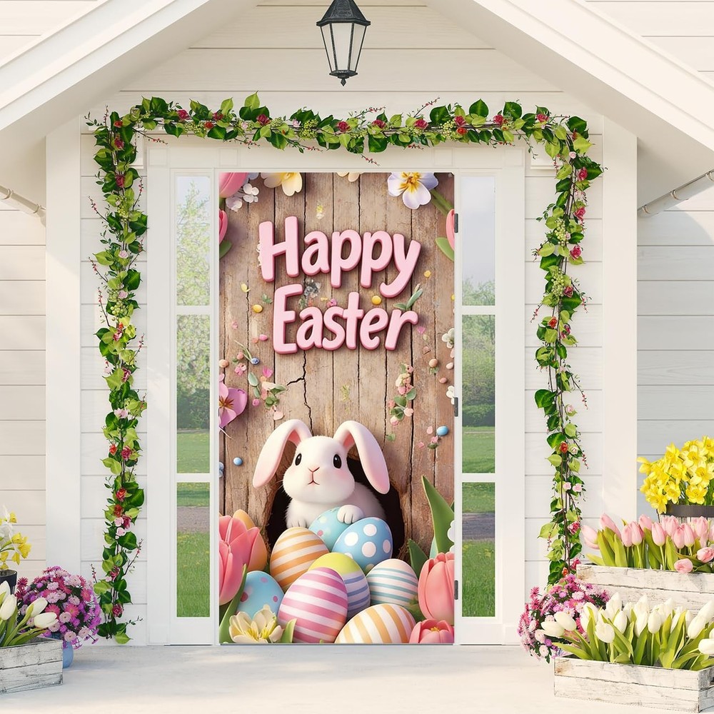 Easter Door Cover with Elastic,Fitted 35'' x 83'' Stretchy Fabric Happy Easte...