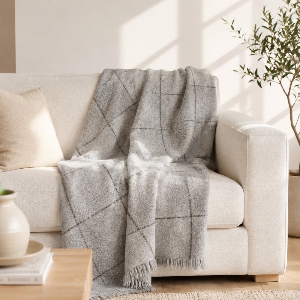 Threshold Grey Windowpane Textured Boucle Throw Blanket with Fringe 50x60 NEW