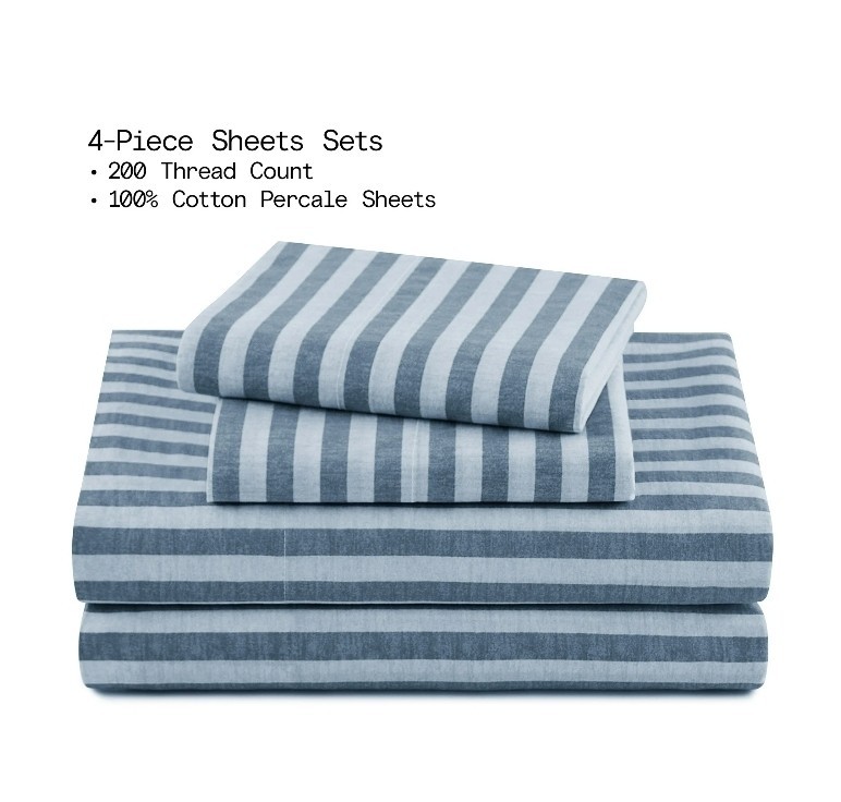 Beautiful Striped 4-Piece 100% Cotton Washed Percale Natural Sheet Set Queen NEW gallery