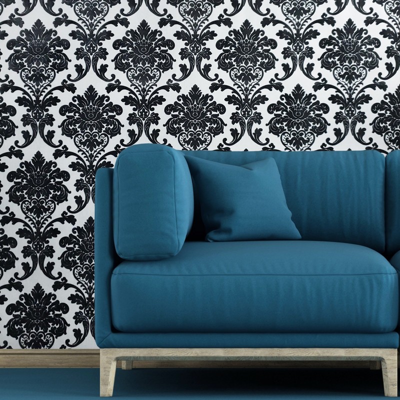 Wallpaper flocking black white silver metallic Flocked vintage velvet damask 3D gallery