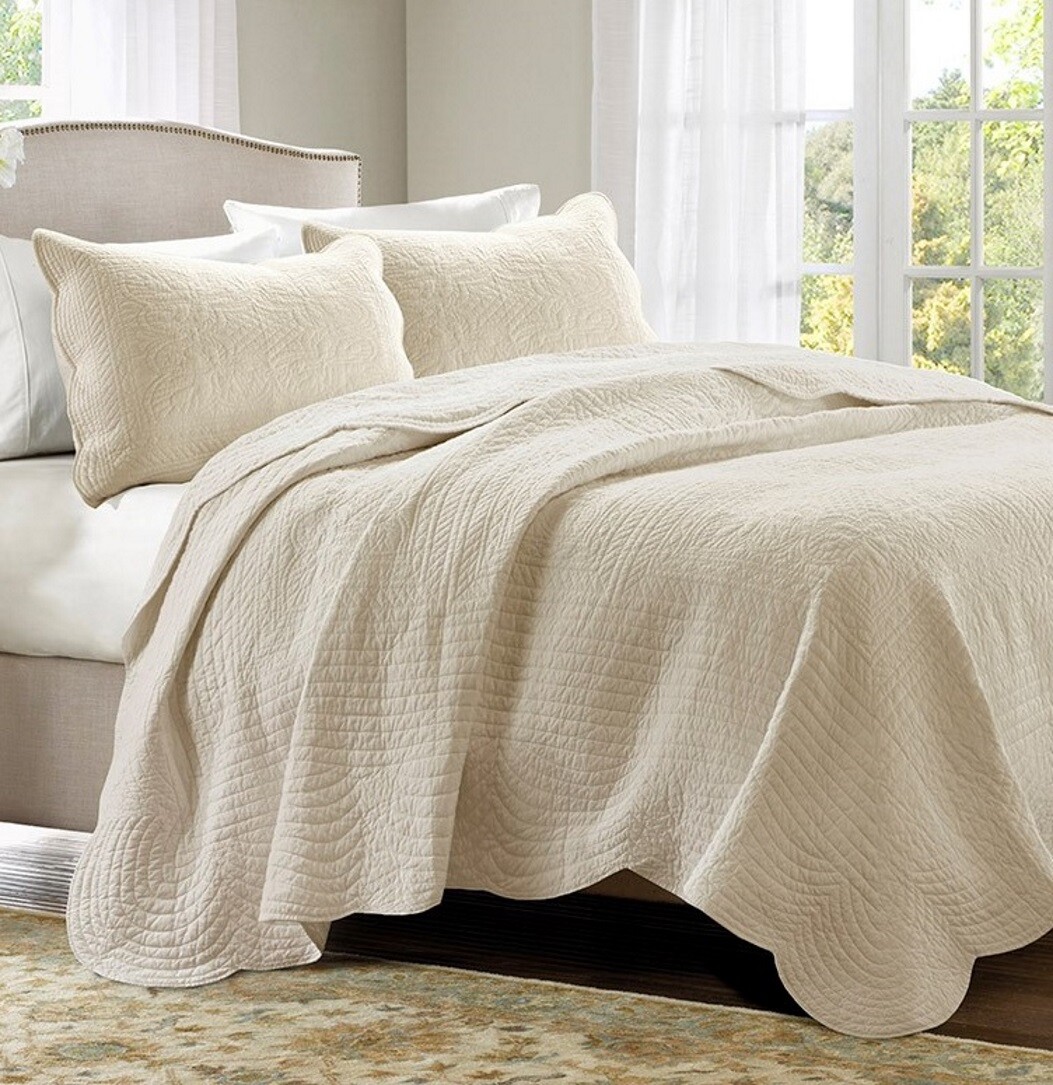IVORY MATELASSE 3pc Full Queen COVERLET SET : FARMHOUSE COTTAGE QUILT CREAM TILE gallery