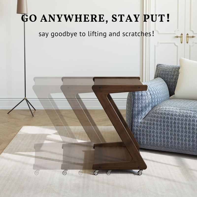 Solid Wood Rolling End Table with Lockable Wheels, Bamboo Couch Side Table Th... gallery