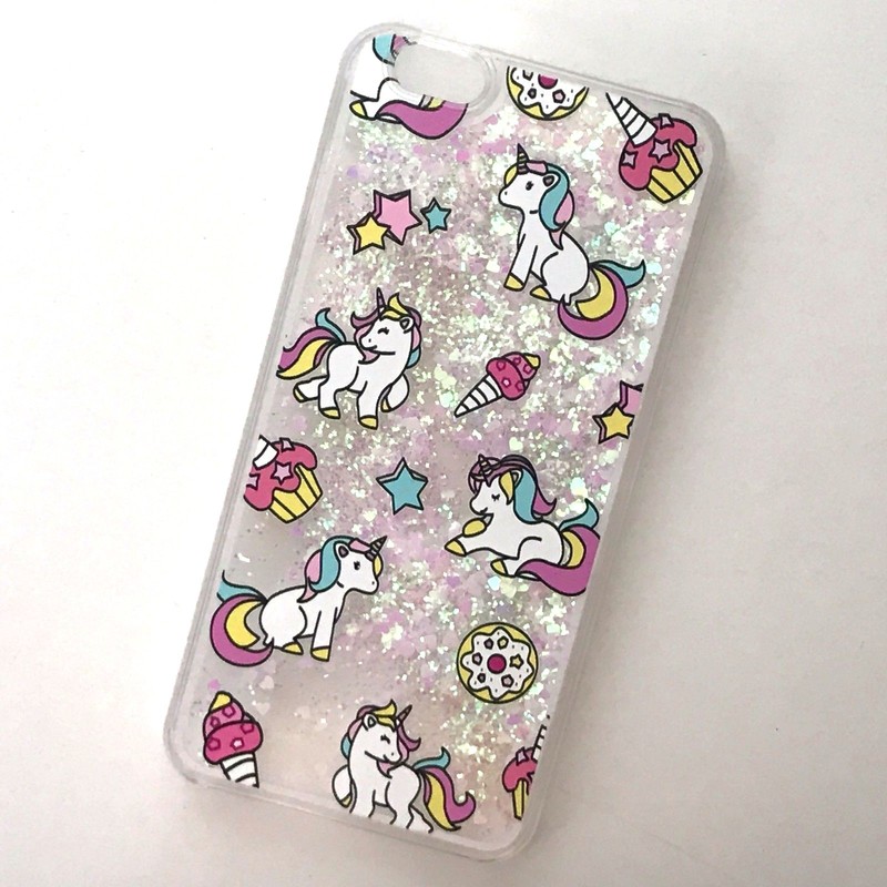 iPhone 5/6S/7+/8+PLUS - HARD CASE Waterfall PINK UNICORNS Liquid Glitter Hearts gallery