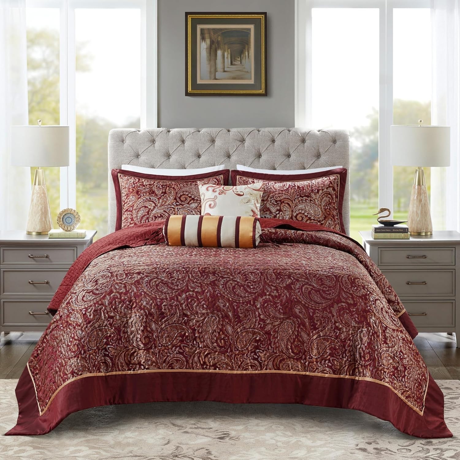 Madison Park Aubrey Reversible Quilted Bedspread Set, Burgundy 5 Piece gallery