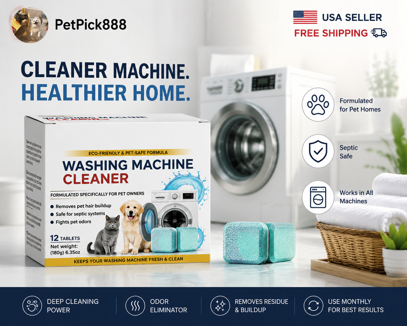 Washing Machine Cleaner Tablets for Pet Owners Deep Clean Odor Remover 12 Pack gallery