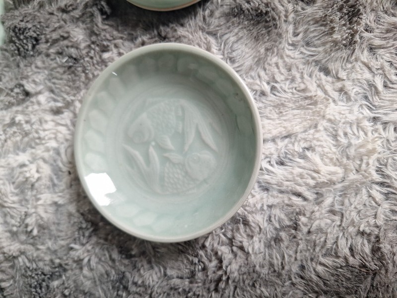 7 Piece Canton Express Celadon Goldfish Dinnerware Bowls Plates, Spoon Sauce Dis gallery