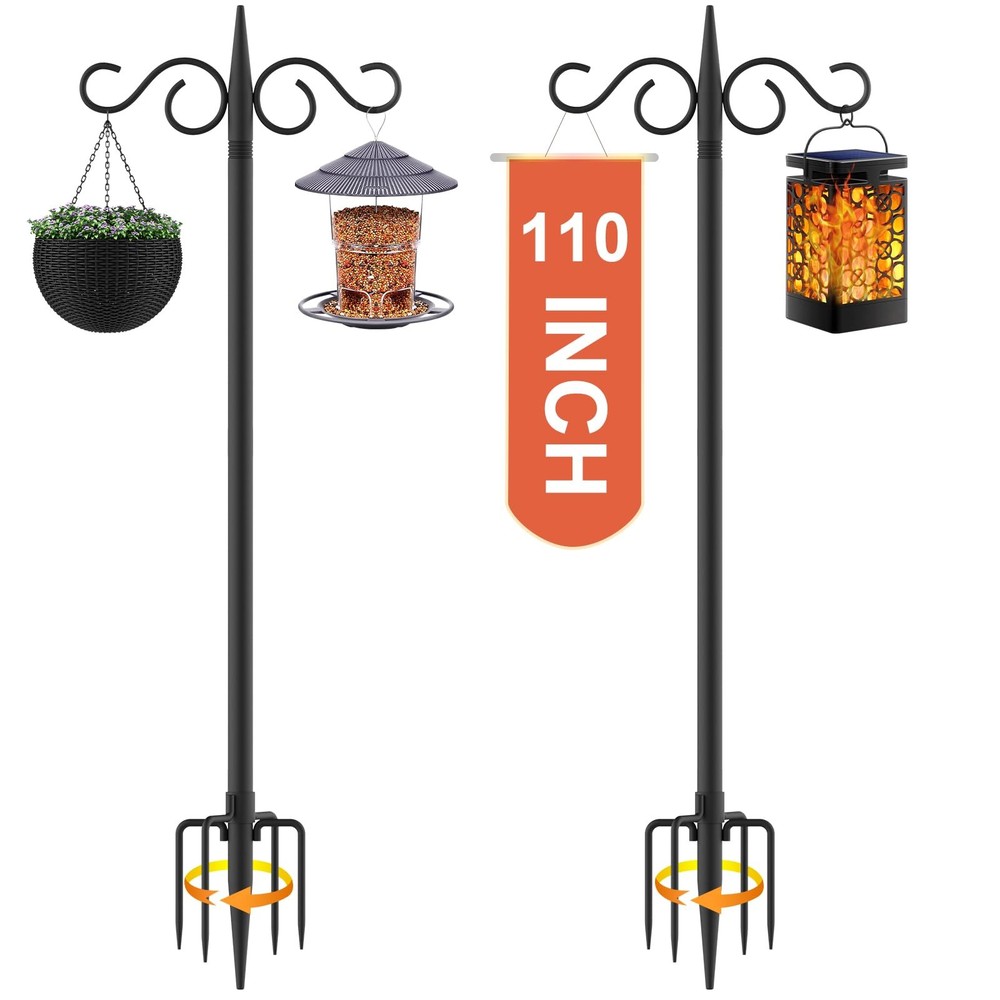 Double Shepherds Hooks for Outdoor,2 Pack 110 Inch Bird Feeder Pole with 5 Pr...