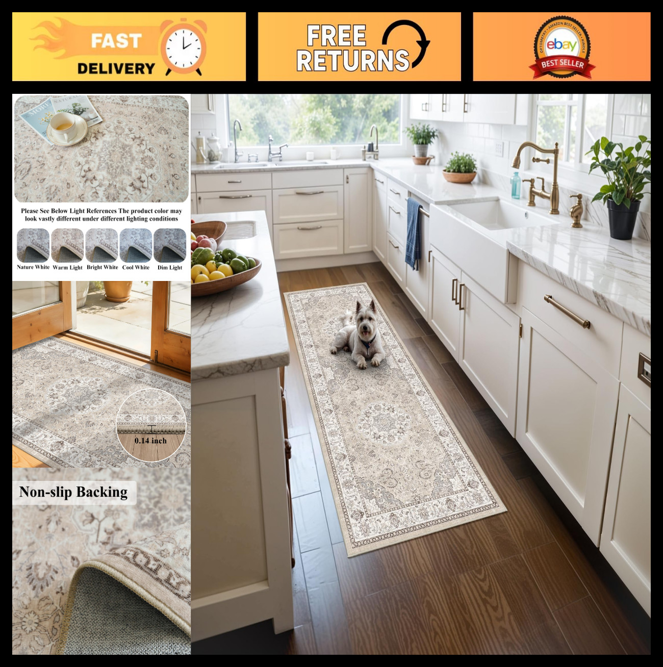 Washable Vintage 2x5 Hallway Runner Rug - Soft Water-Resistant Non-Slip Carpet f gallery