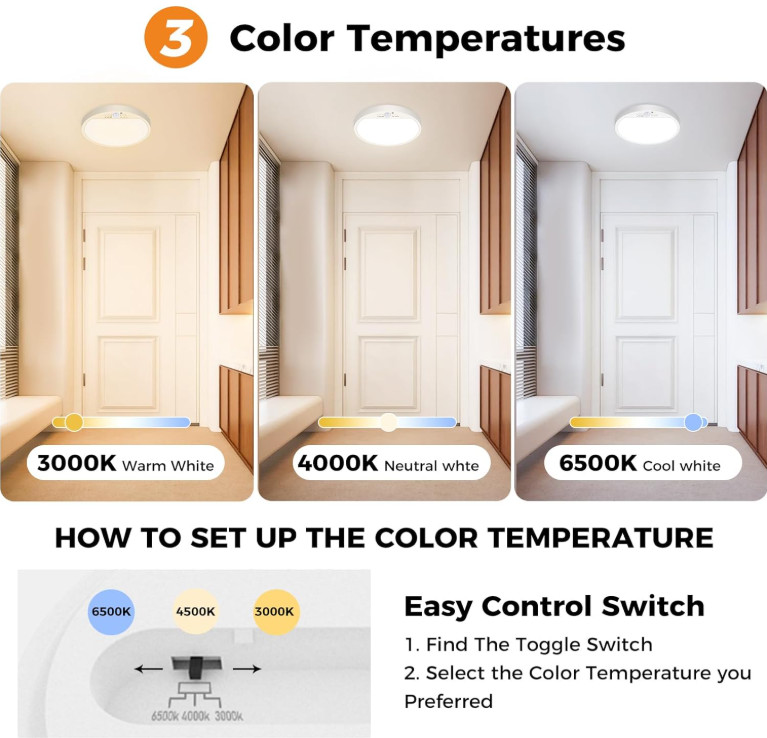 Slochi 2Pack Motion Sensor Ceiling Light Wired, 3000K/4000K/6500K Motion Sensor gallery