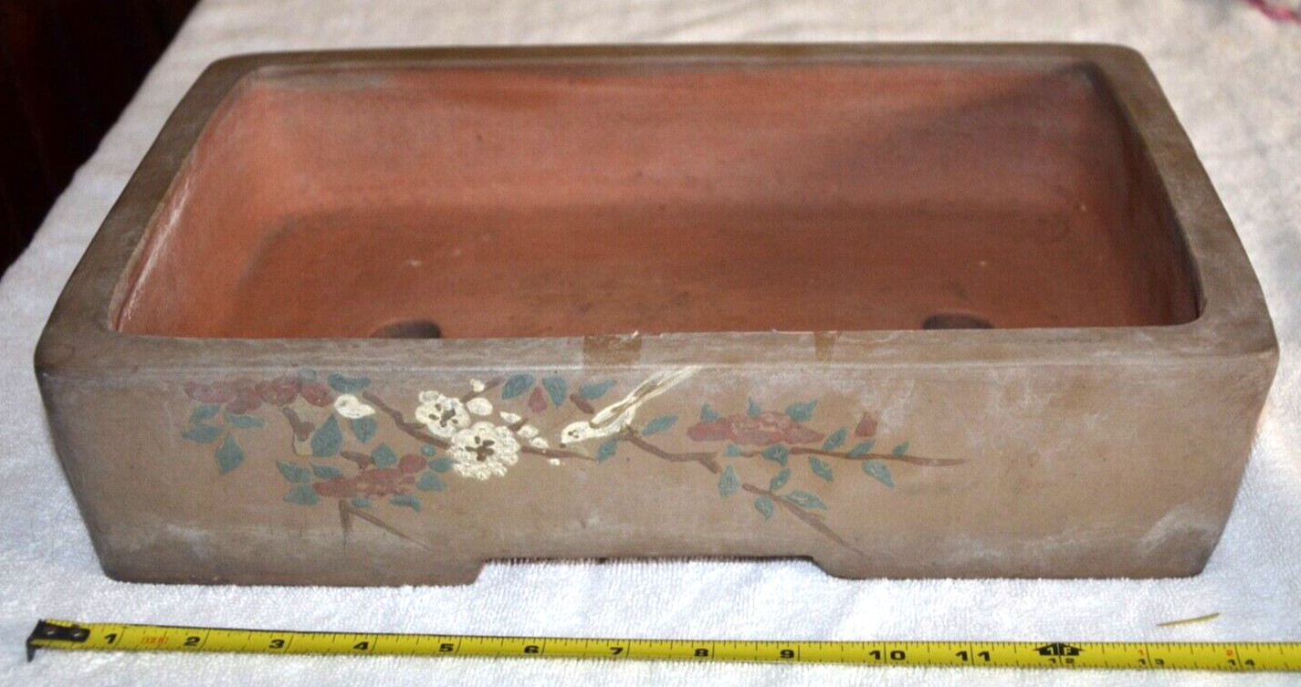 Japanese Bonsai Pot painted scene Brown Unglazed Rectangle, w makers mark 14"X10 gallery