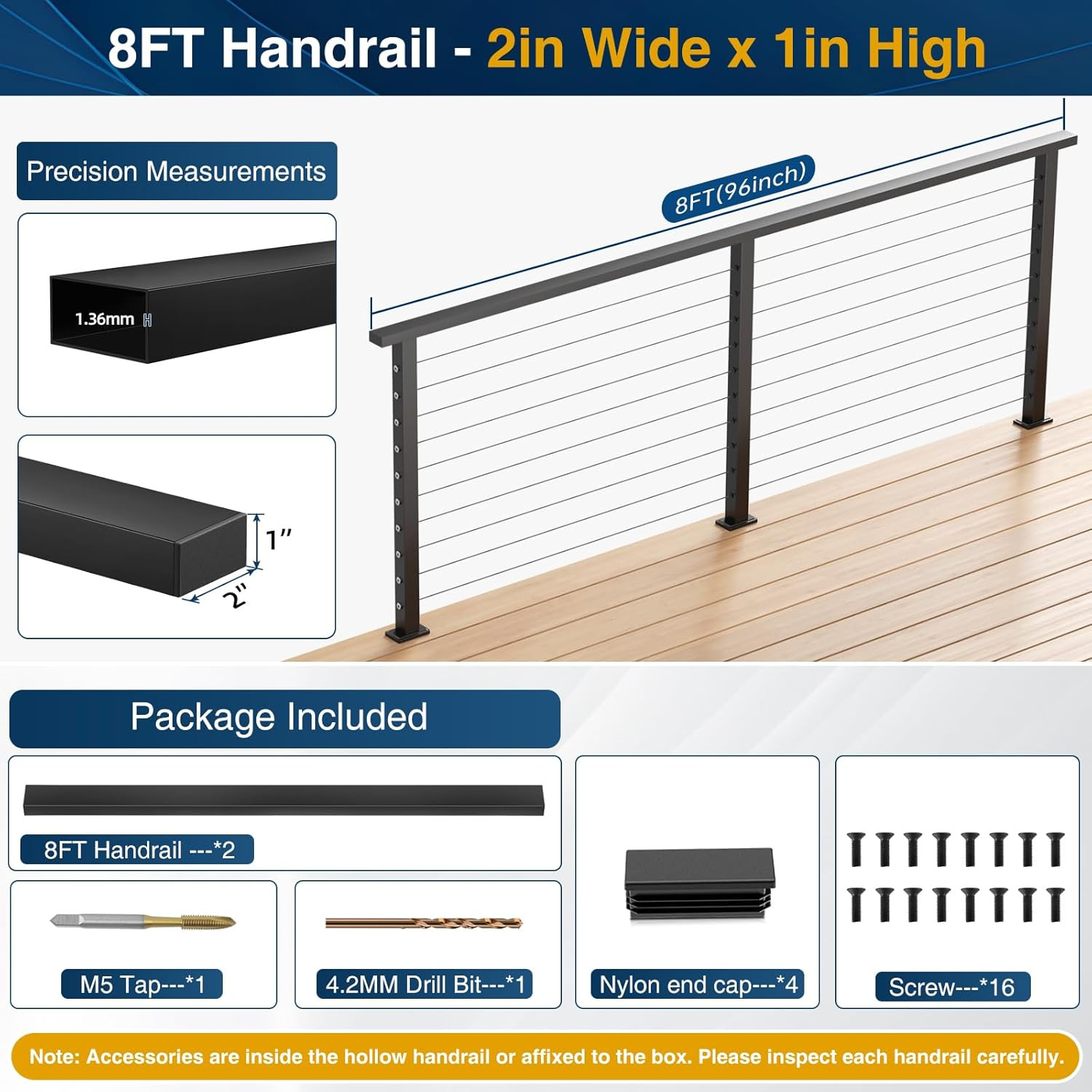 8Ftx2Inx1In Black Cable Railing Handrail 2 Pack, Stainless Steel T304 Rectangula gallery