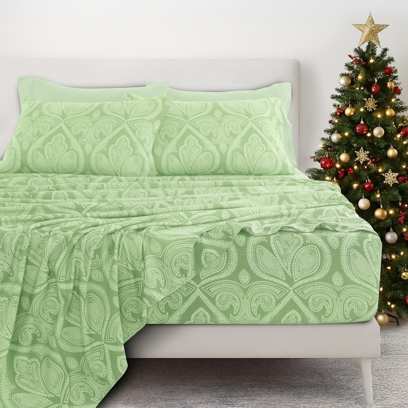 BED SHEETS Pillowcases Microfiber King Paisley Sage 6 Pc LUX DECOR COLLECTION gallery