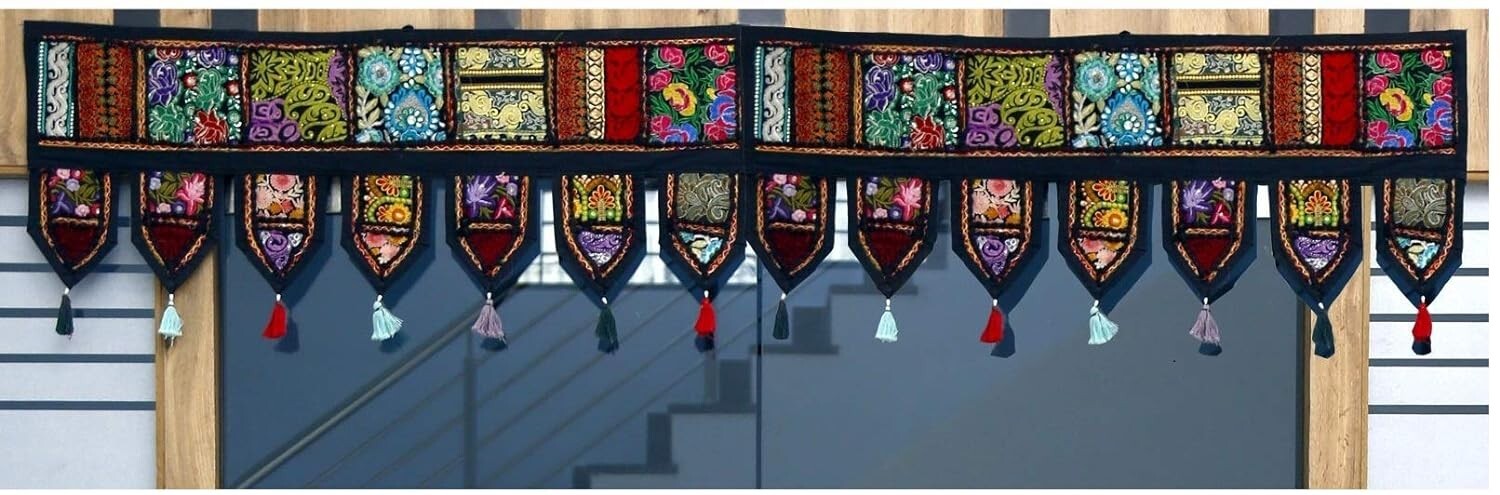 Indian Black Vintage Patchwork Embroidery Toran Door Valance Wall Hanging Decor gallery