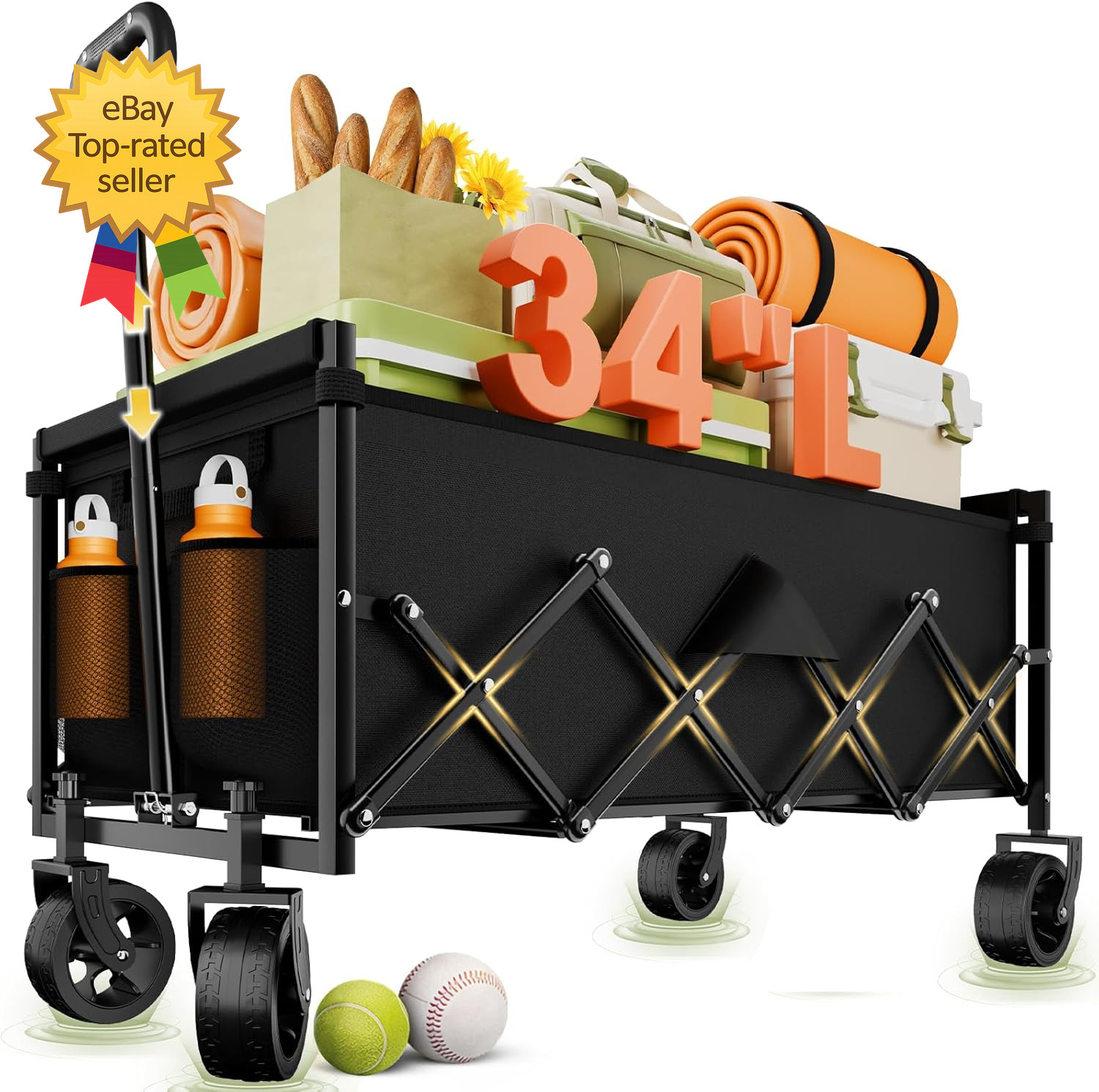 Extra Long Collapsible Wagon Cart 480LB Heavy Duty All Terrain Foldable Black XL gallery