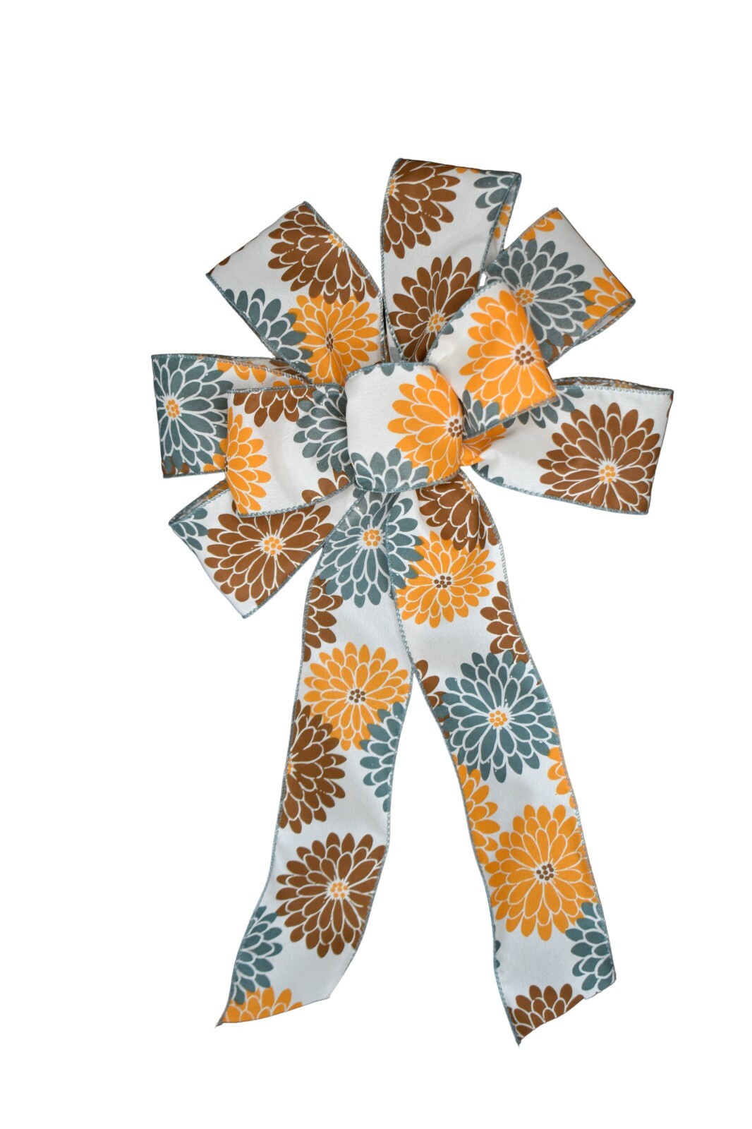 Large 10" Hand Made Orange Brown and Blue Mums Wired Bow Autumn Fall Wreath gallery