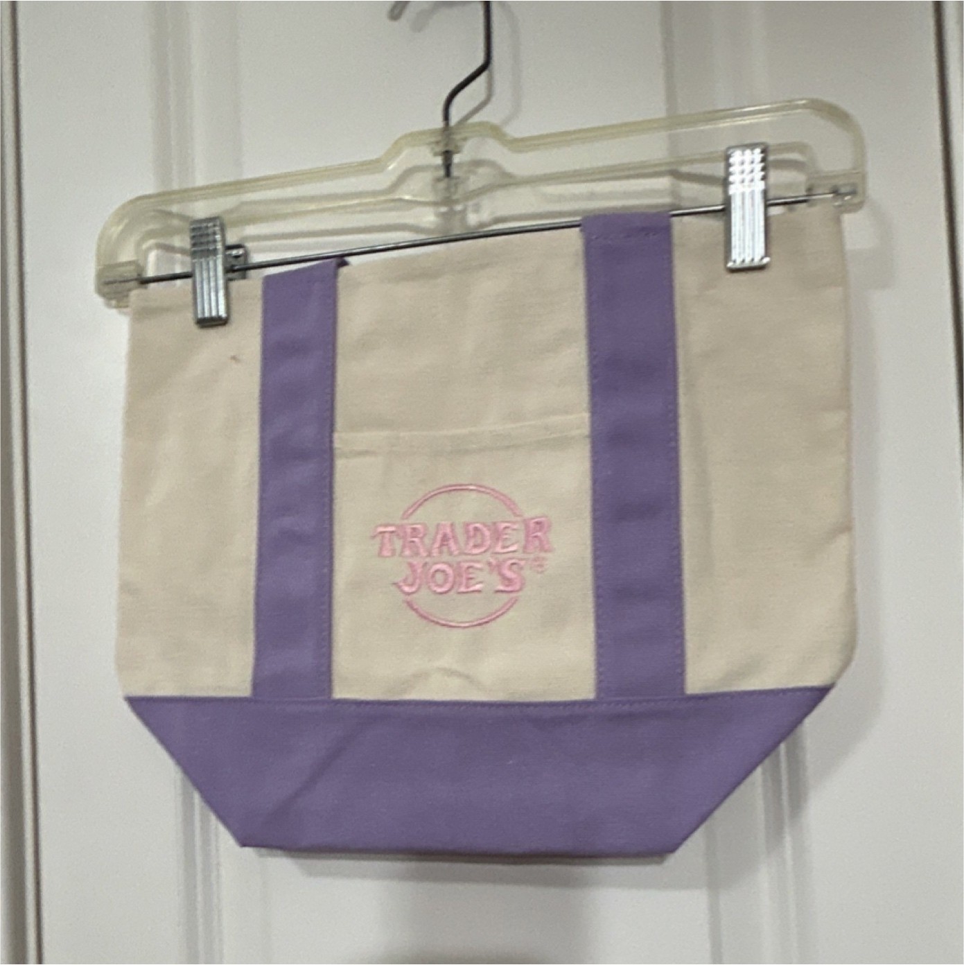 Trader Joe's Foldable Color Block Tote Bag Purple Beige Cotton Polyester gallery