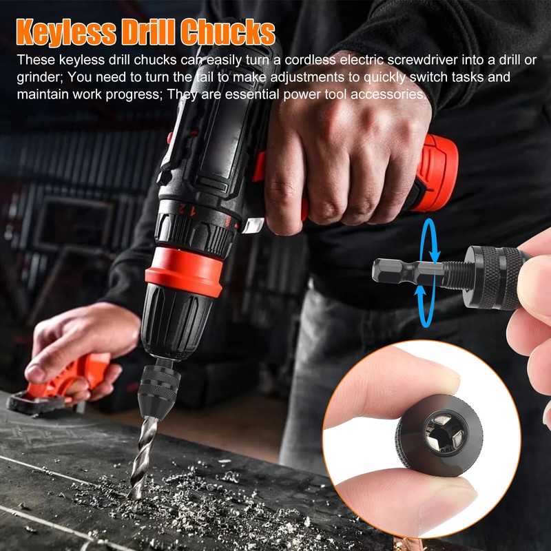 2x Keyless Chuck Conversion 1/4" Hex Shank Adapter Drill Bit Quick Change Driver gallery