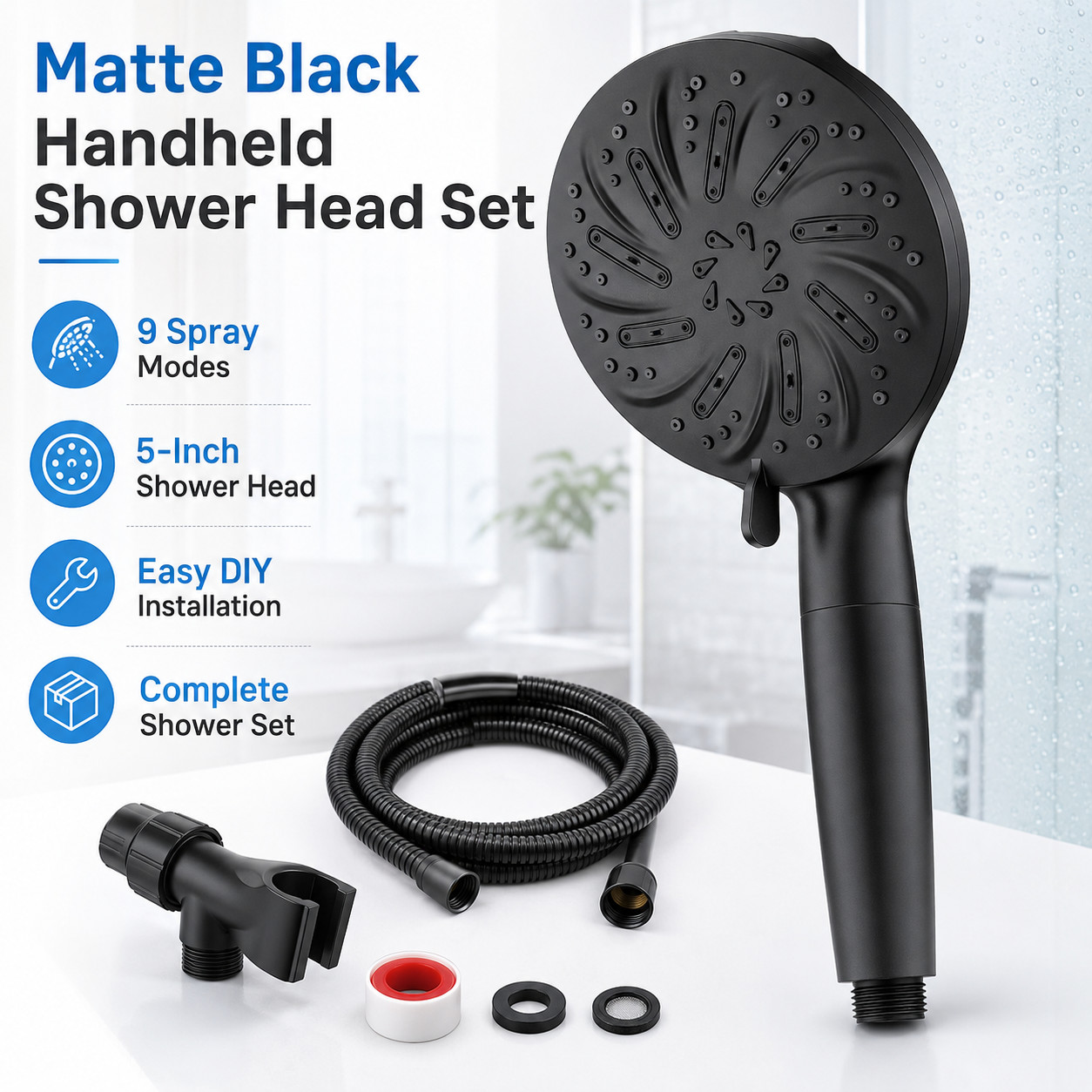 10 Spray Modes High Pressure Handheld Shower Head Set Matte Black w/ 5FT Hose gallery