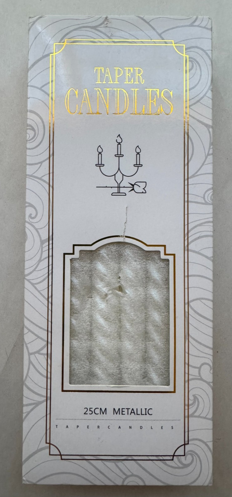 Ivory Taper Candles - 25 CM / 10 INCH - METALLIC - NEW IN BOX gallery