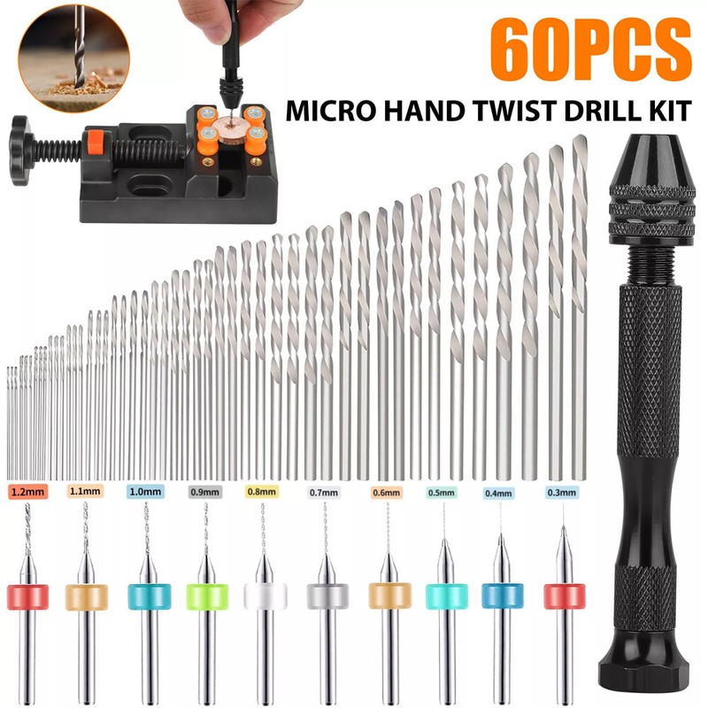 60X Mini Micro Hand Drill Bits Set Small Manual Keyless Chuck Pin Vise Rotary gallery