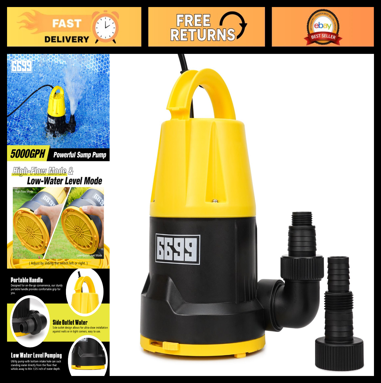 1HP Submersible Sump Pump - 5000GPH Portable Water Pump for Pool, Pond, Hot Tub, gallery
