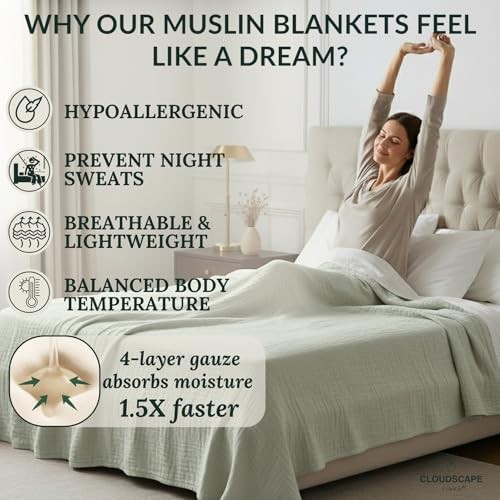 CLOUDSCAPE 4 Layer Muslin Blanket for Adults - King/Calking - Seafoam - 92"x108" gallery