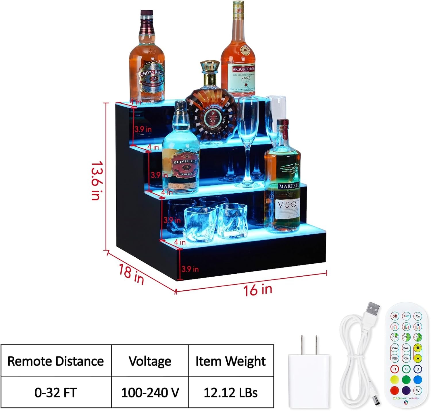 4-Tier LED Lighted Liquor Shelf 16" Acrylic Wine Rack Bottle Display Shelves gallery