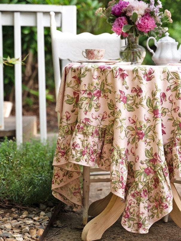 April Cornell Sweet Pea Ruffle 60 x 60 Tablecloth Topper Deep Rose Blush Green gallery
