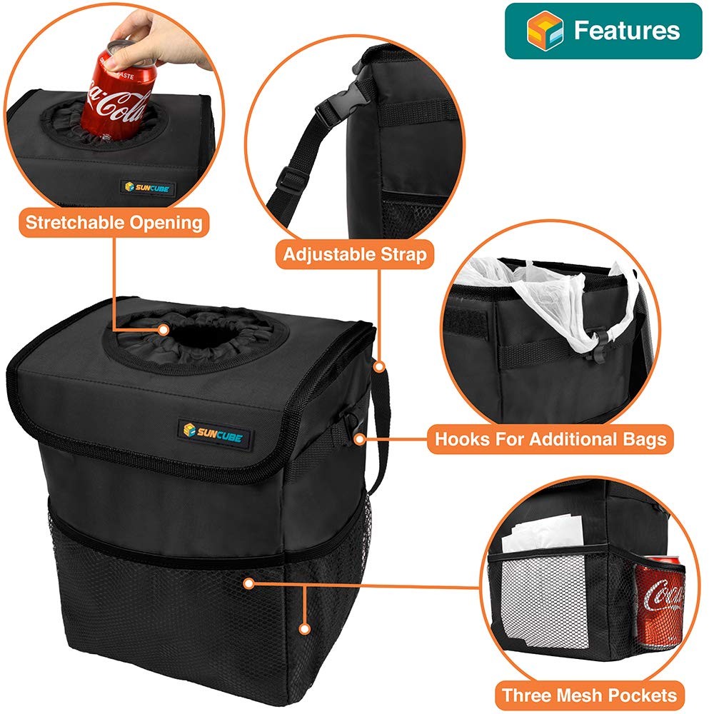 SUN CUBE Waterproof Car Trash Can with Lid, Mesh Pockets | One Size, Black gallery