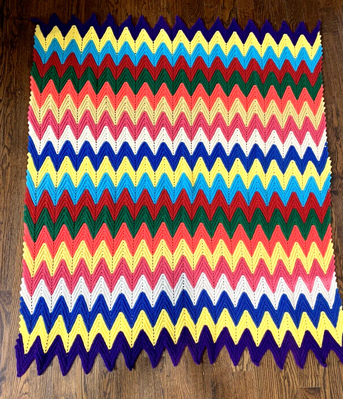 Vintage Retro Crochet Knit Zig Zag Chevron Afghan Throw Blanket Blue 60 x 50 gallery