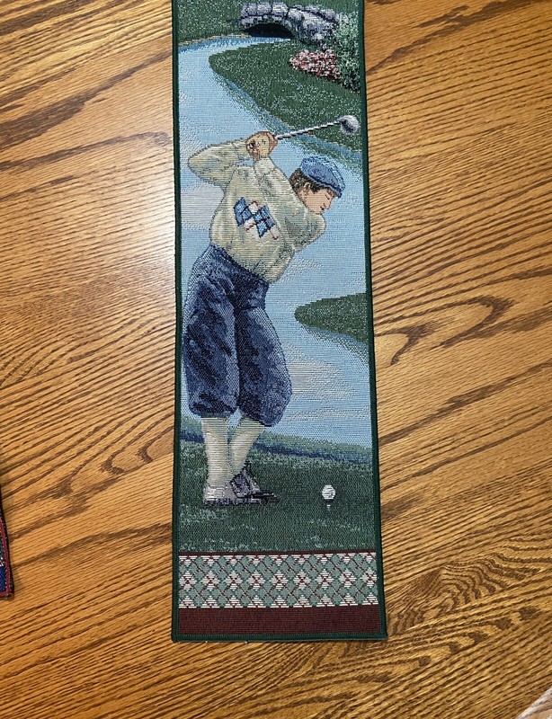Three Golf Theme Tapestry Wall Hangings Two 2001 16”x12.75” And One 41.5” X 6” gallery