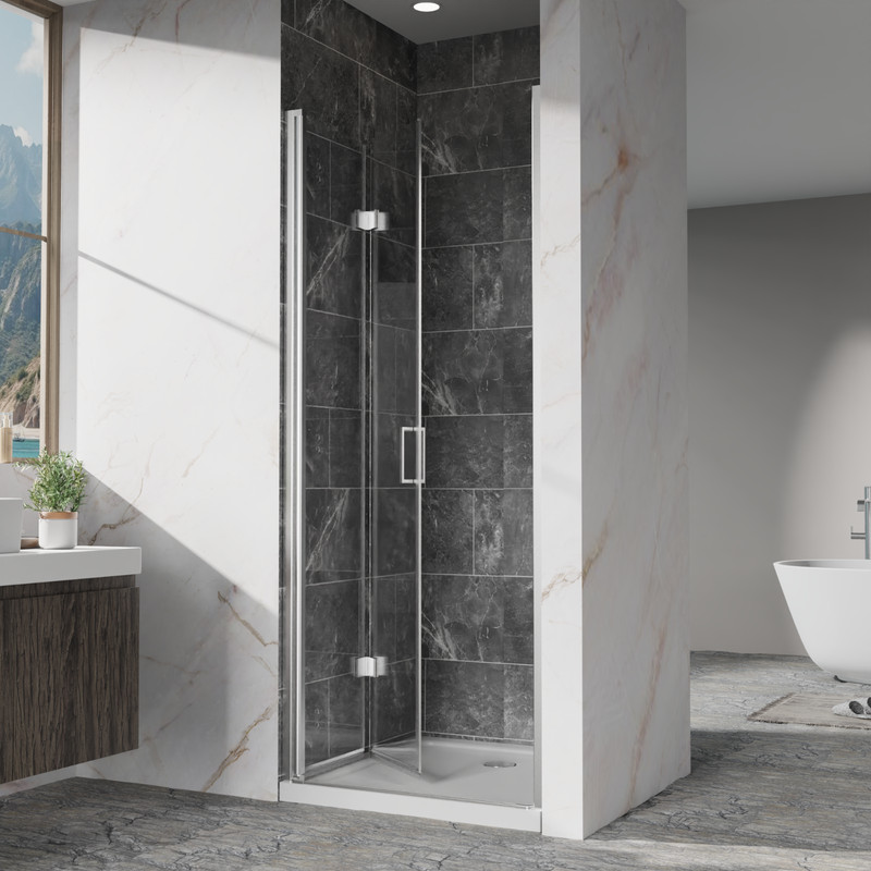 32"x72" Frameless Bi-Fold Pivot Shower Door - 6mm Clear Glass, Chrome Hardware gallery