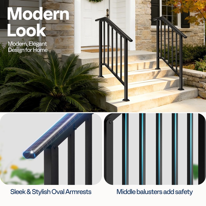 2Pack 3 Step Galvanized Steel Step Handrail Stair Railing Outdoor Deck Hand Rail gallery