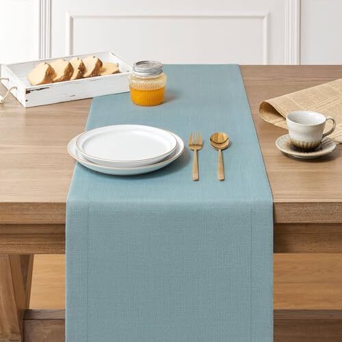 Linen Textured Border Table Runner, 14 x 48 Inch Farmhouse 14x48 Inch Blue gallery