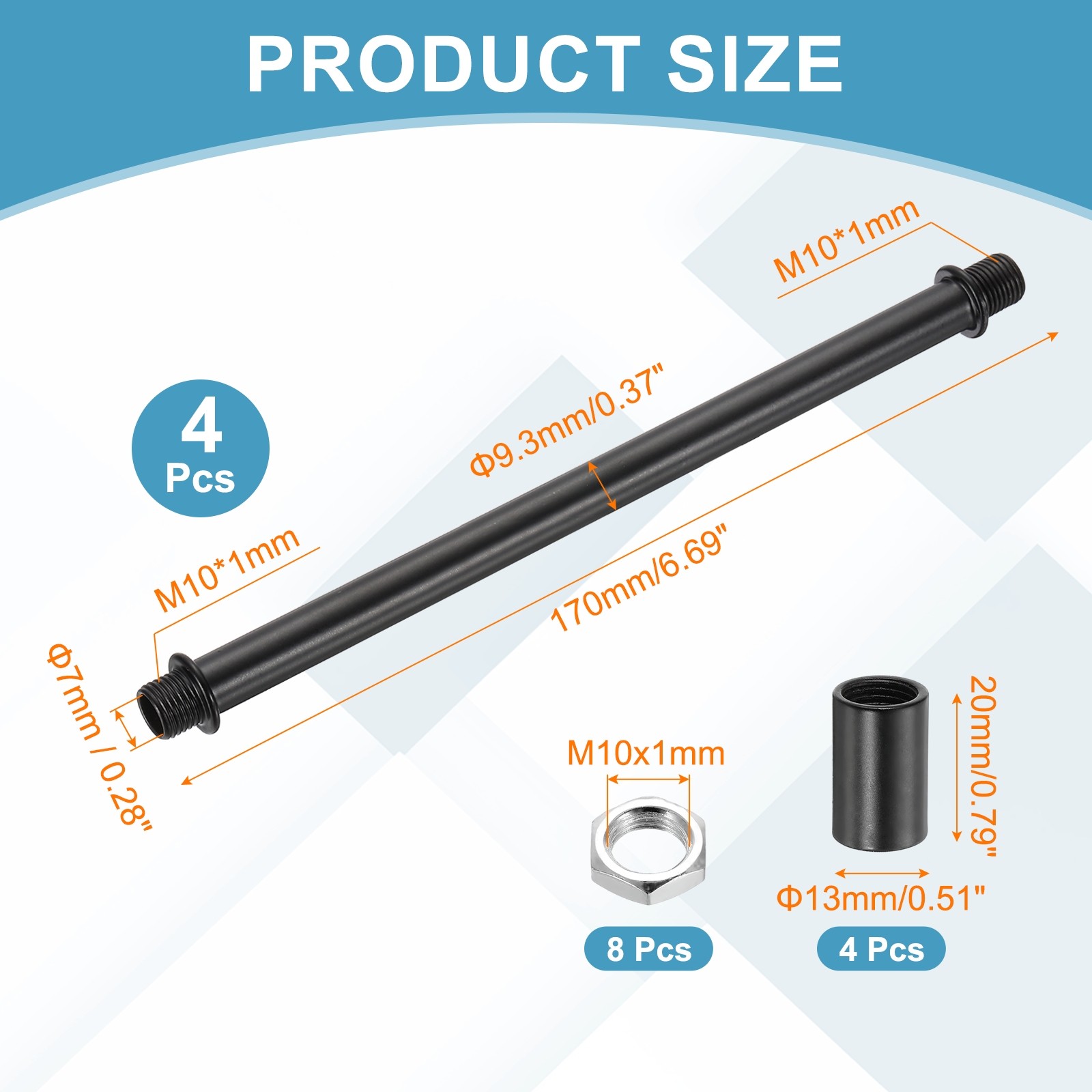4Set 170mm/6.69" Straight Pipe Lamp Stems Rod Kit, M10 Fine Thread, Black gallery