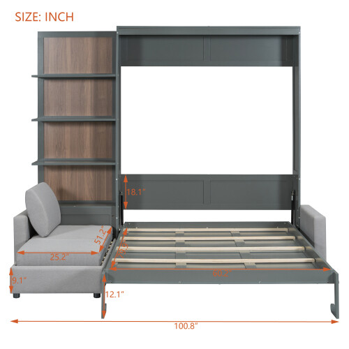 Full Queen Size Murphy Wall Bed with Sofa & Shelves Space Saving Wood Hidden Bed gallery