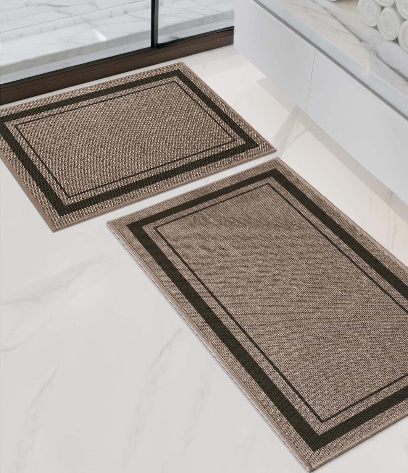 2 PCS Bathroom Rug Sets Ultra Thin Mat Absorbent Dark Beige 17x24 17x32 Inch gallery