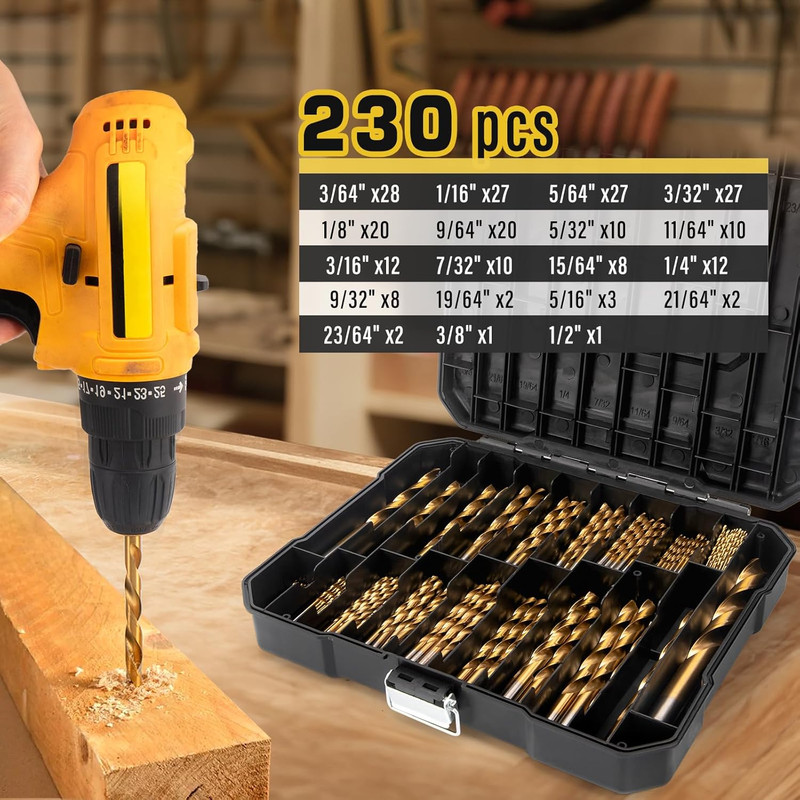 230 Pcs Titanium Twist Drill Bit Set for Metal and Wood,Coated HSS Conventional gallery