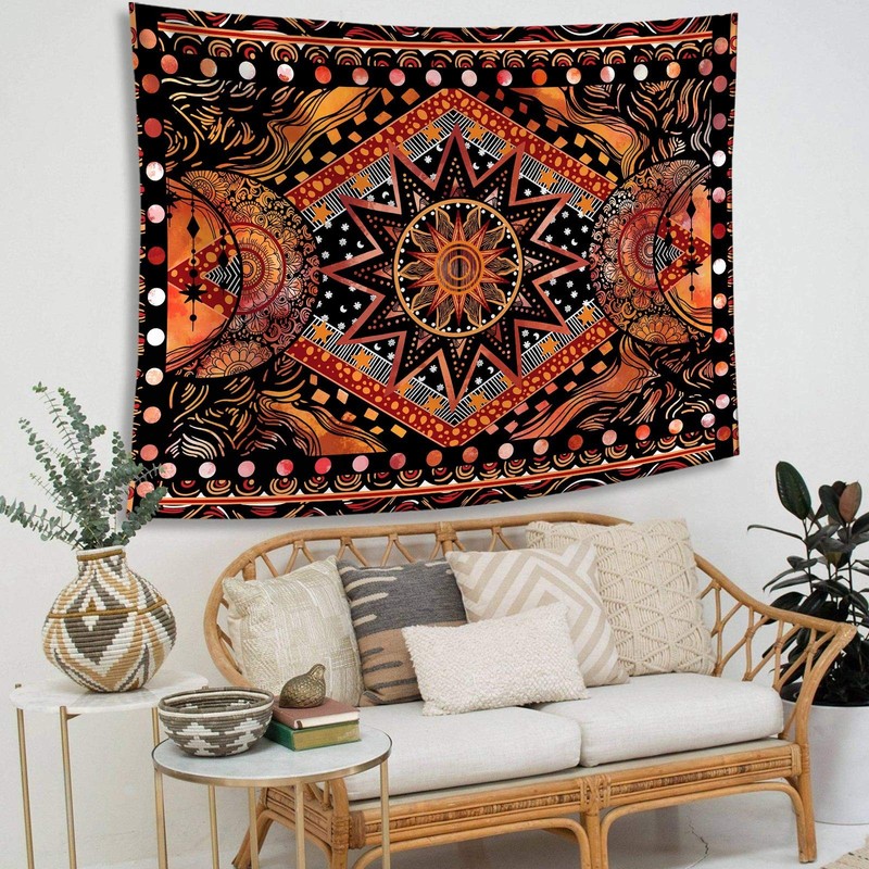 Fowocu Orange Sun and Moon Tapestry Wall Hanging, Indie 40"L x 30"W, gallery