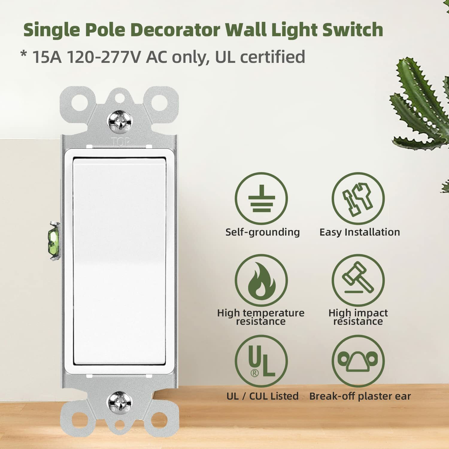 10Pack Decorator Paddle Rocker Light Switch Residential Grade,15A 120V/277V gallery