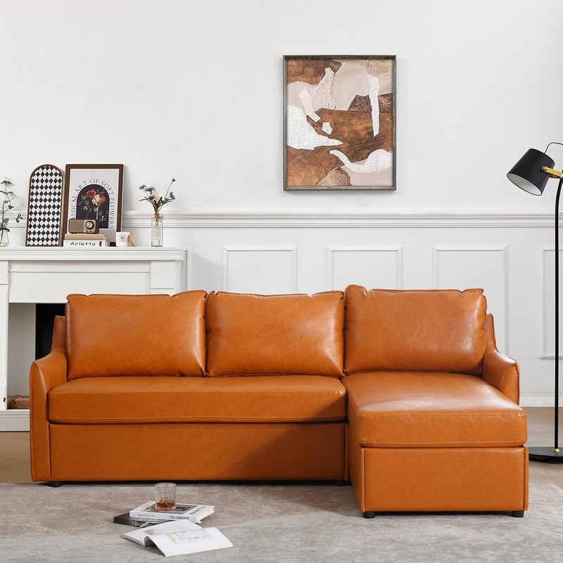 80.7" Convertible L-Shaped Sectional Sofa Faux Leather Storage Brown 3-Seater gallery