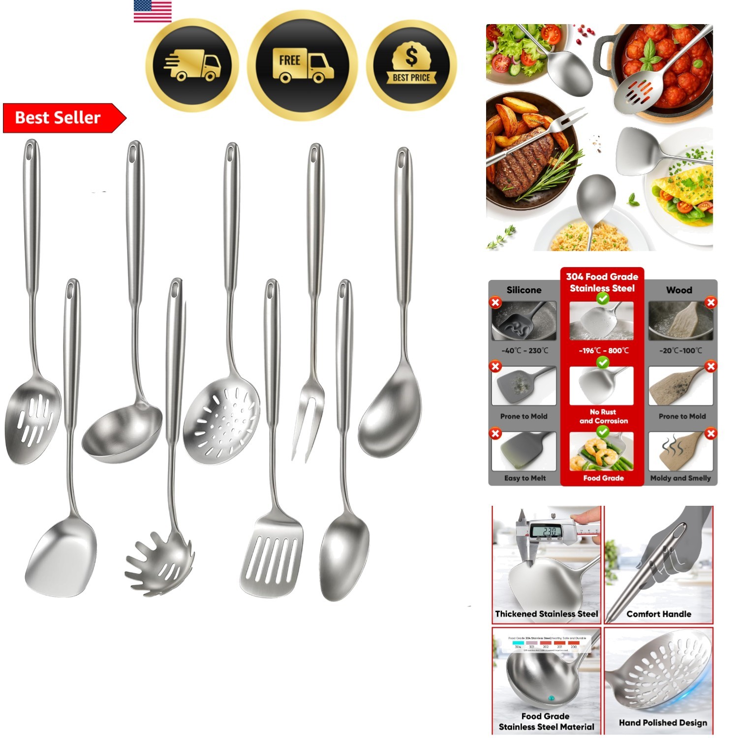 Kitchen Utensils Set Stainless Steel Cooking Tools Including Spoon Spatula Ladle gallery