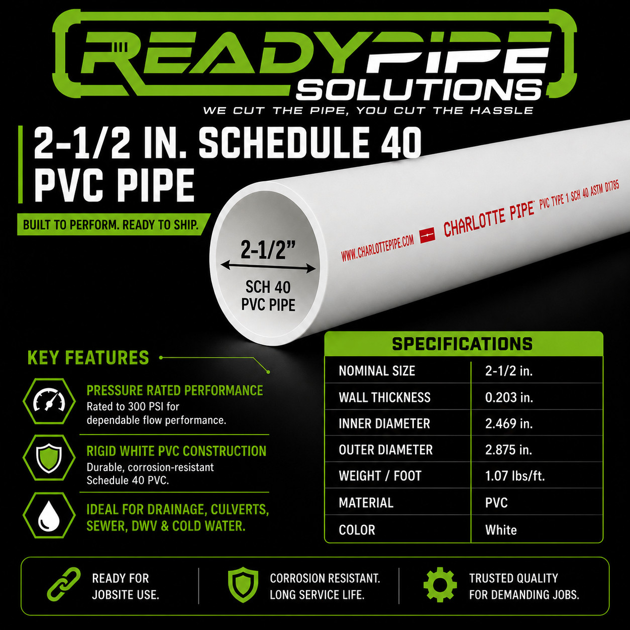 2-1/2" PVC Pipe | Schedule 40 | Custom Cut Lengths 12"-96" | Pool Repair & DIY gallery