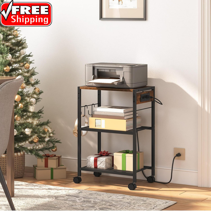 Industrial Printer Stand, 3-Tier Mobile Printer Table, Rolling Cart with Power O gallery